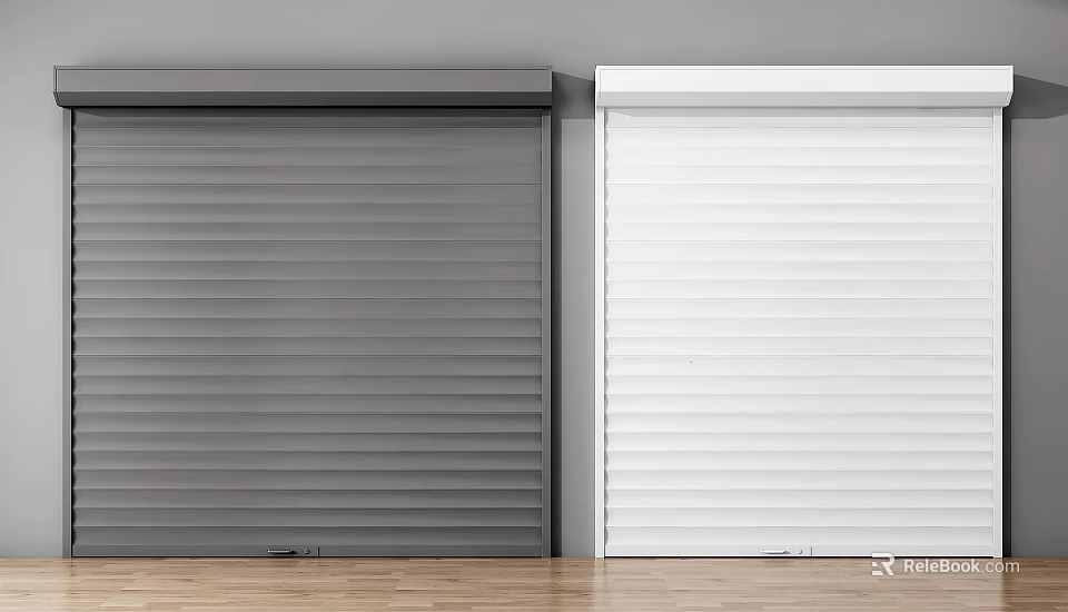 Gray And White Roller Shutter Garage Doors With Wooden Floor And Gray Wall 3d model 