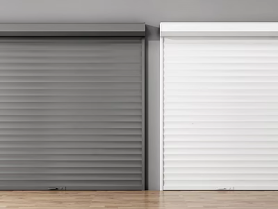 Gray And White Roller Shutter Garage Doors With Wooden Floor And Gray Wall 3d model