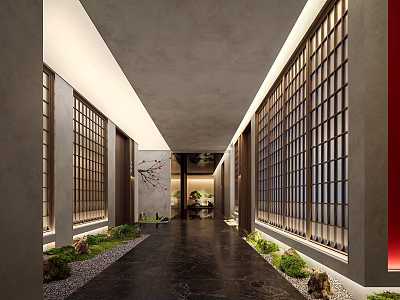 Modern Minimalist Hotel Corridor With Lattice Windows Black Marble Floor And Green Plants Lighting Design 3d model