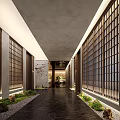 Modern Minimalist Hotel Corridor With Lattice Windows Black Marble Floor And Green Plants Lighting Design