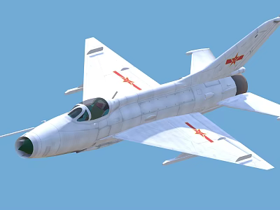 White Military Fighter Jet With Red Emblems Flying In Blue Sky 3d model