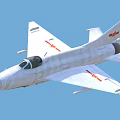White Military Fighter Jet With Red Emblems Flying In Blue Sky