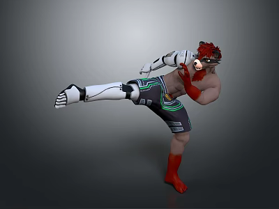Game Movie Character Red Hair Mechanical Arm Kicking Pose Black Shorts Green Lines White Boots 3d model