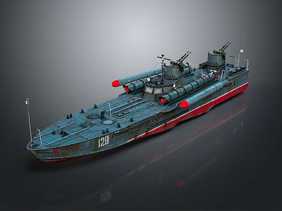 Military Warship Naval Vessel With Guns Number 124 Dark Red Hull 3d model