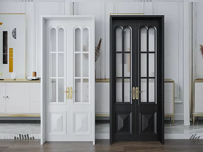 White and Black Double Doors with Glass Panels and Brass Handles in Modern Interior 3d model