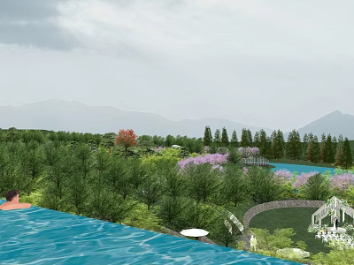 Scenic Mountain View Homestay Building With Lush Forest Purple Flowers And Pool 3d model