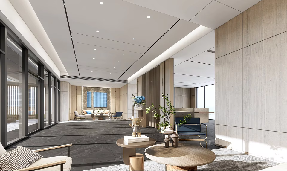 Spacious Hotel Lobby With Modern Design Wooden Walls Sofas Coffee Tables And Natural Light 3d model 