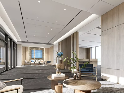 Spacious Hotel Lobby With Modern Design Wooden Walls Sofas Coffee Tables And Natural Light 3d model