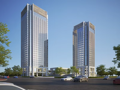 Modern High Rise Office Buildings With Glass Facades Trees And Parking Area 3d model