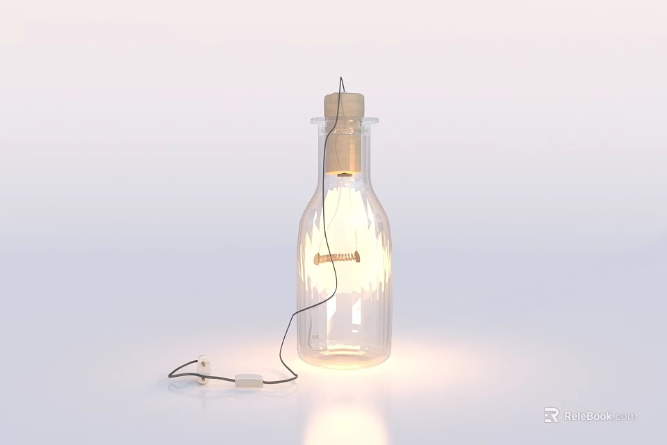 Unique Shaped Table Lamp Transparent Bottle Design With Cork Stopper Illuminated Filament And Attached Wire 3d model 