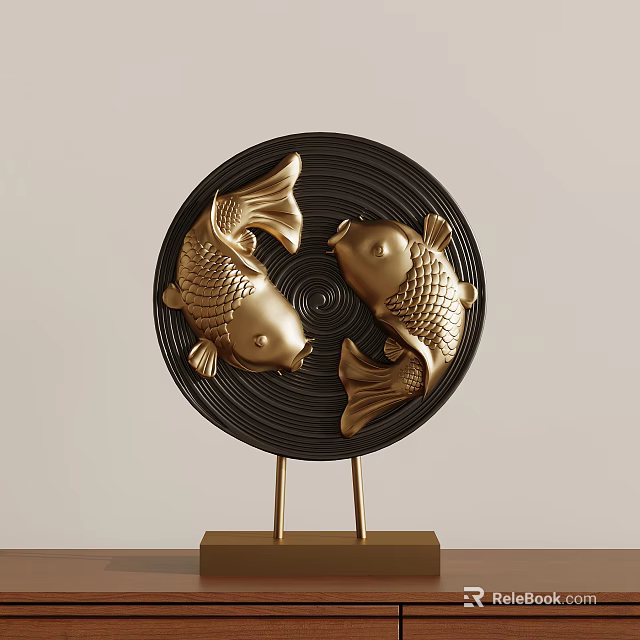Golden Fish Decorative Ornament With Black Circular Base And Gold Stand 3d model 