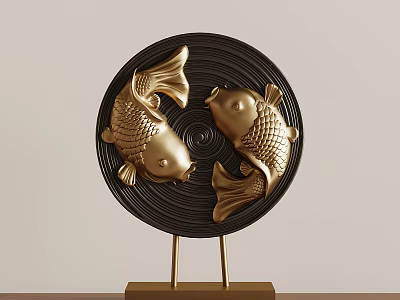 Golden Fish Decorative Ornament With Black Circular Base And Gold Stand 3d model