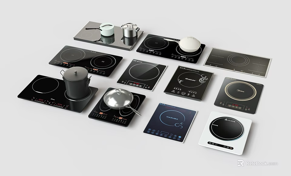 Assorted Induction Cooktops In Various Styles With Cooking Pots And Pans 3d model 