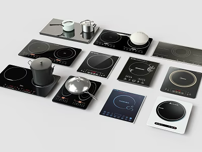 Assorted Induction Cooktops In Various Styles With Cooking Pots And Pans 3d model