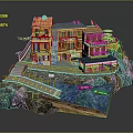 Cartoon Scene of Colorful Houses on Rock with Small Bridge and Boats in Water