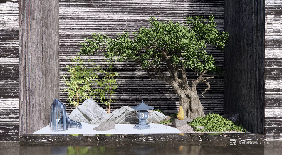 Courtyard Garden Design Featuring Large Tree Bamboo Rock Formations Blue Lantern And Water Reflections 3d model 