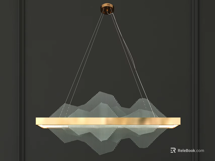 Golden Chandelier With Wavy Mesh Design And Sleek Frame Against Dark Modern Wall 3d model 