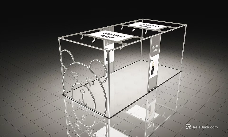 Public Facility Transparent Display Kiosk With Bear Face Cutout Design And Top Signage 3d model 