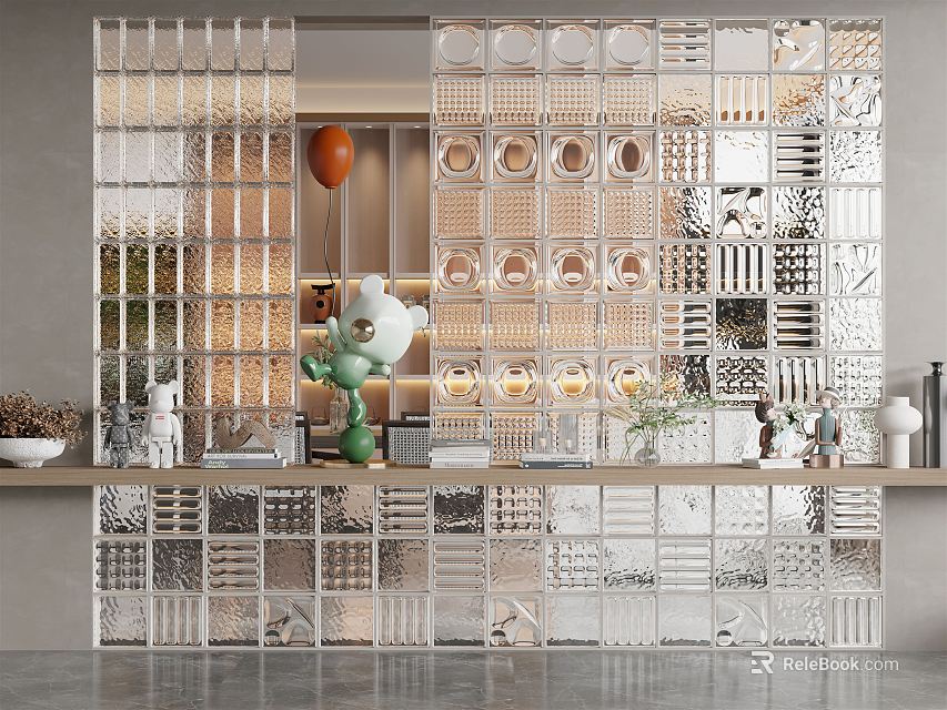 Transparent Glass Block Wall Featuring Decorative Elements And Green Plant In Interior Design 3d model 