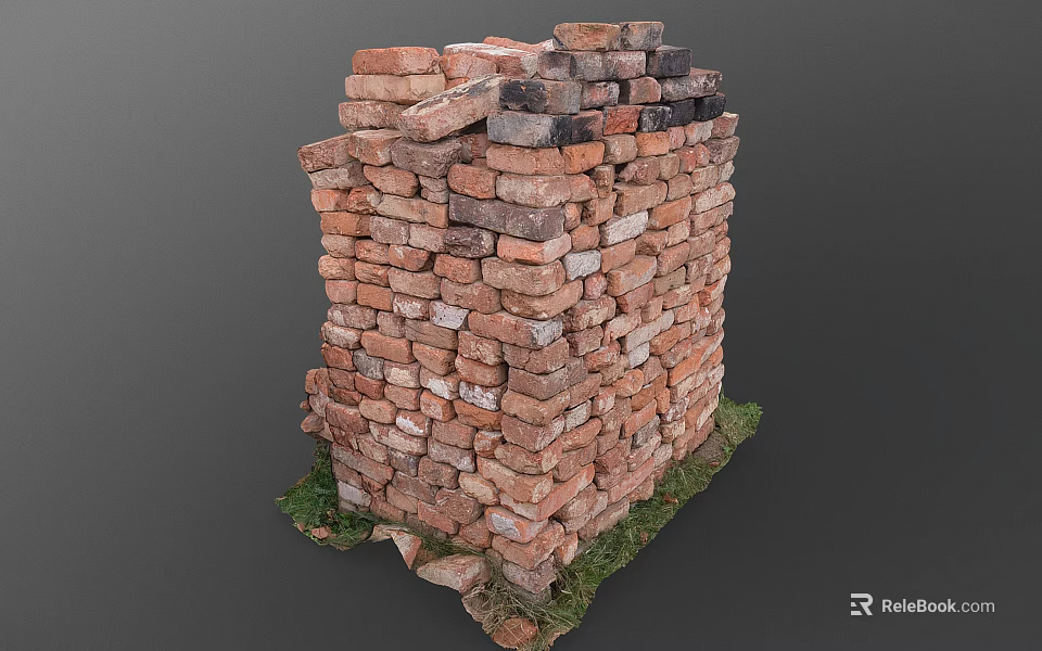 Rustic Red Brick Stacked Structure With Irregular Weathered Bricks And Grass Base 3d model 