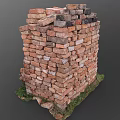 Rustic Red Brick Stacked Structure With Irregular Weathered Bricks And Grass Base