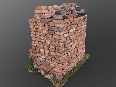 Rustic Red Brick Stacked Structure With Irregular Weathered Bricks And Grass Base 3d model