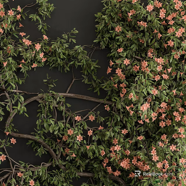 Lush Vertical Green Plant Wall With Climbing Vines Pink Flowers And Dark Backdrop 3d model 