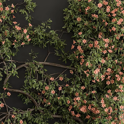 Lush Vertical Green Plant Wall With Climbing Vines Pink Flowers And Dark Backdrop 3d model