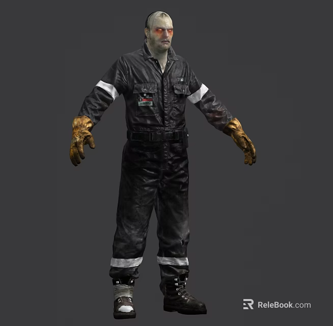 Game Movie Character In Black Jumpsuit With White Stripes And Gold Gloves 3d model 