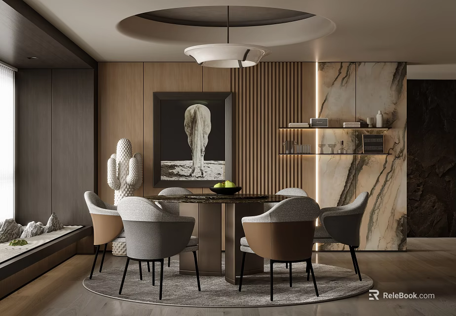 Modern Restaurant Interior With Dining Table Chairs Pendant Light Wooden Panels And Marble Wall 3d model 