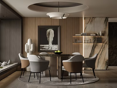 Modern Restaurant Interior With Dining Table Chairs Pendant Light Wooden Panels And Marble Wall 3d model