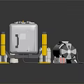 Large Silver Metal Equipment With Yellow Support Columns And Small Green White Cuboid Objects 3d model
