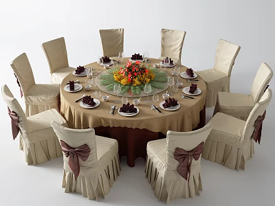 Round Dining Table Set With Beige Tablecloth Beige Chair Covers Brown Bows And Floral Centerpiece 3d model