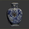 Blue And White Decorative Vase With Lion Head Handles And Intricate Patterns