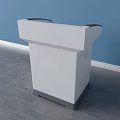 Functional White Desk With Brown Edge Top Gray Base Cabinet Doors And Silver Handles