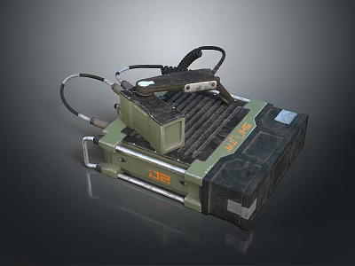 Futuristic Tactical Weapon Featuring Green Metallic Body Attached Cables And Orange Logos 3d model