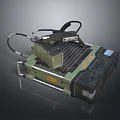 Futuristic Tactical Weapon Featuring Green Metallic Body Attached Cables And Orange Logos