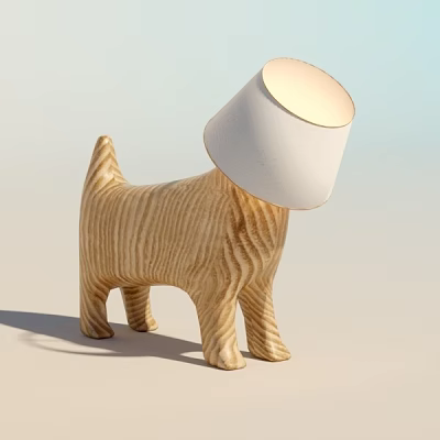 Wooden Dog Shaped Table Lamp With Striped Texture And White Lampshade 3d model
