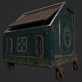 Vintage Teal Storage Box With Brown Wooden Lid Portrait Symbols And Wheels