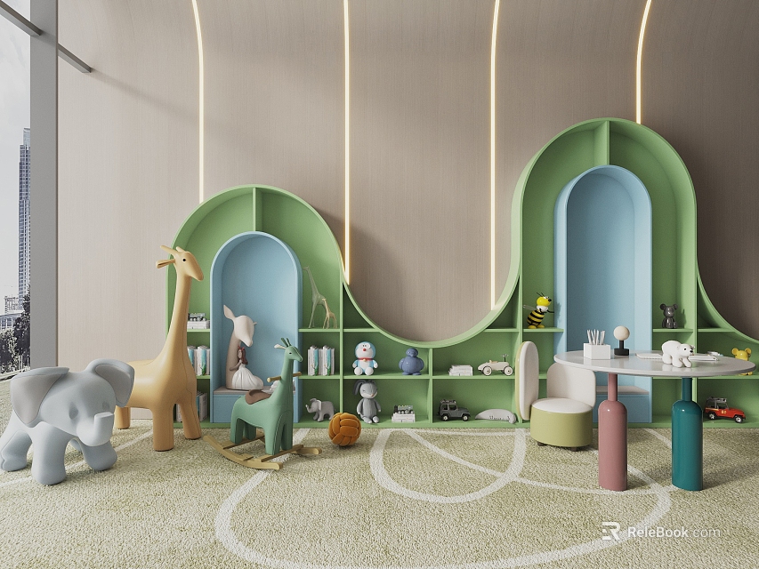 Colorful Kids Space With Giraffe Elephant Dolls Rocking Horse And Green Blue Wavy Shelves 3d model 