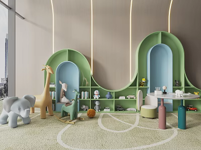 Colorful Kids Space With Giraffe Elephant Dolls Rocking Horse And Green Blue Wavy Shelves 3d model