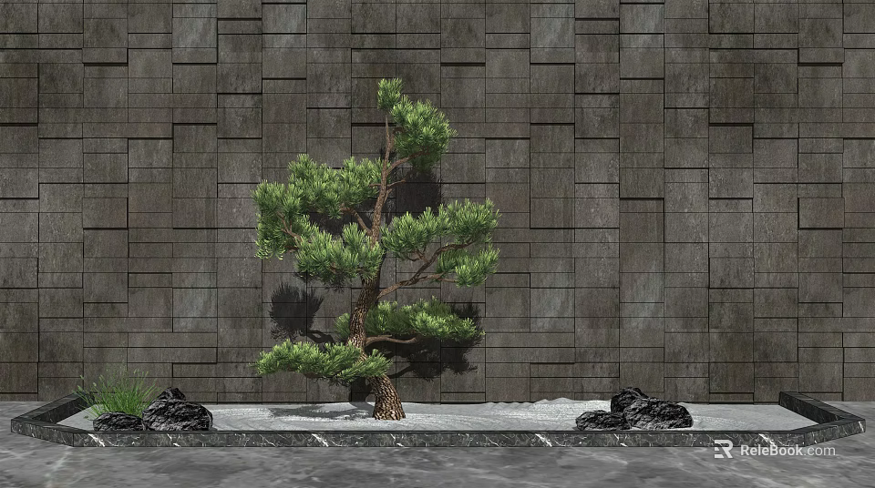 Gray Block Texture Feature Wall With Pine Tree Rocks And Sand In Garden 3d model