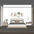 Minimalist Modern Bedroom Interior With Wooden Bed Decorative Artworks White Curtains And Round Rug