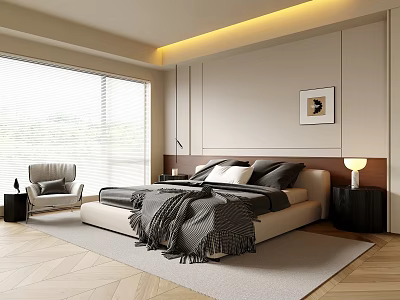 Modern Bedroom Interior Design With Large Bed Nightstands Table Lamps Armchair And Blinds 3d model