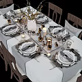 Elegant Table Setting With Dinnerware Set White Tablecloth Wooden Chairs Candle Holders And Vases