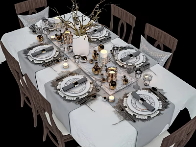 Elegant Table Setting With Dinnerware Set White Tablecloth Wooden Chairs Candle Holders And Vases 3d model