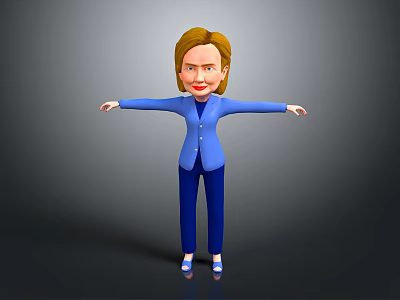 Cartoon Woman In Blue Blazer And Blue Pants With Arms Outstretched On Gray Background 3d model