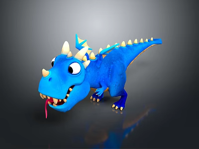 Cute Blue 3D Cartoon Dragon Character With White Horns Spikes And Tongue 3d model