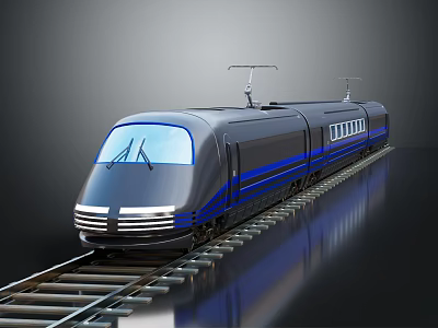 Modern Streamlined High-Speed Train with Blue Gray Body on Railway Track and Aerodynamic Windows Design 3d model