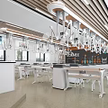 Modern Science Laboratory Interior Setup With Hanging Equipment White Tables And Chairs